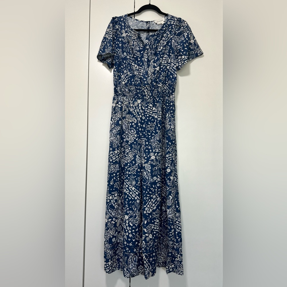 Anthropologie Blue and White Paisley Cropped Jumpsuit